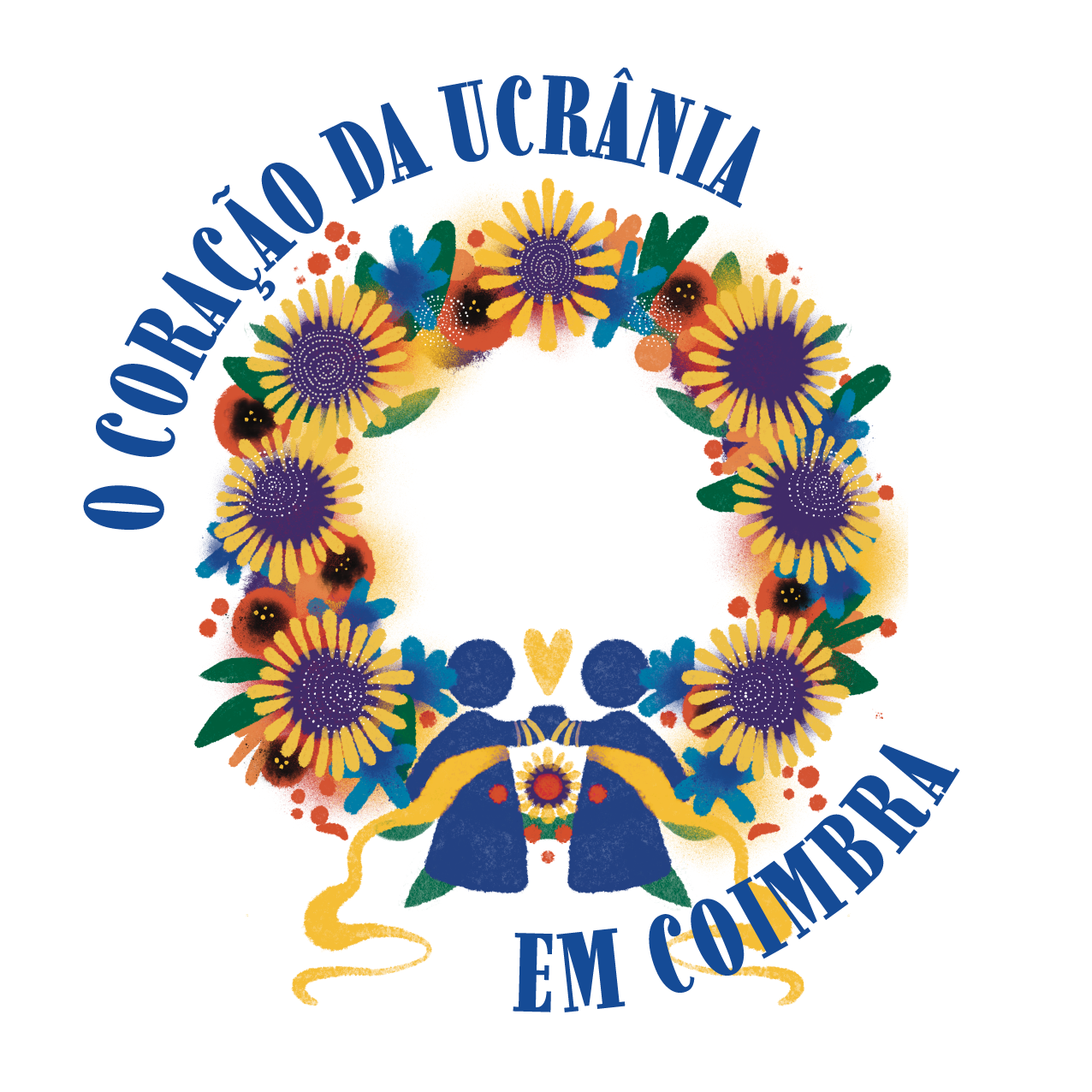 Emblema do evento: coroa de girassóis, papoilas e folhas com duas figuras em traje tradicional ucraniano e a inscrição “O Coração da Ucrânia em Coimbra”.